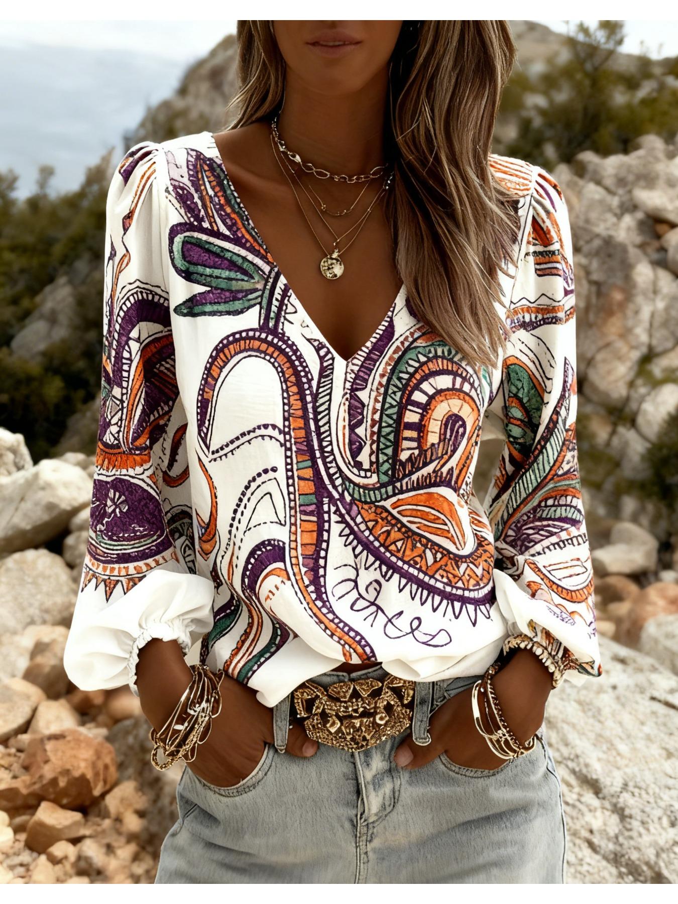 Retro ethnic V-neck women s long-sleeved top with totem print. Bohemian-style fringed sleeves design. Fall versatile piece. XXL
Retro ethnic V-neck women s long-sleeved top with totem print. Bohemian-style fringed sleeves design. Fall versatile piece. XXL