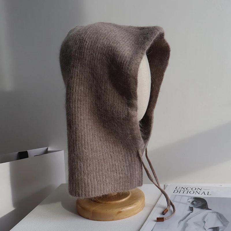 Вязаный шарф с капюшоном из кроличьего меха, балаклава, женские кашемировые шапки, зимняя унисекс, теплая лыжная шапка, защита ушей для улицы