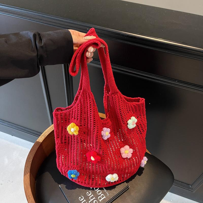 Плетеная сумка женская большой вместимости новая нишевая маленькая цветочная летняя ажурная сумка на плечо текстурная популярная сумка-ведро бордовый