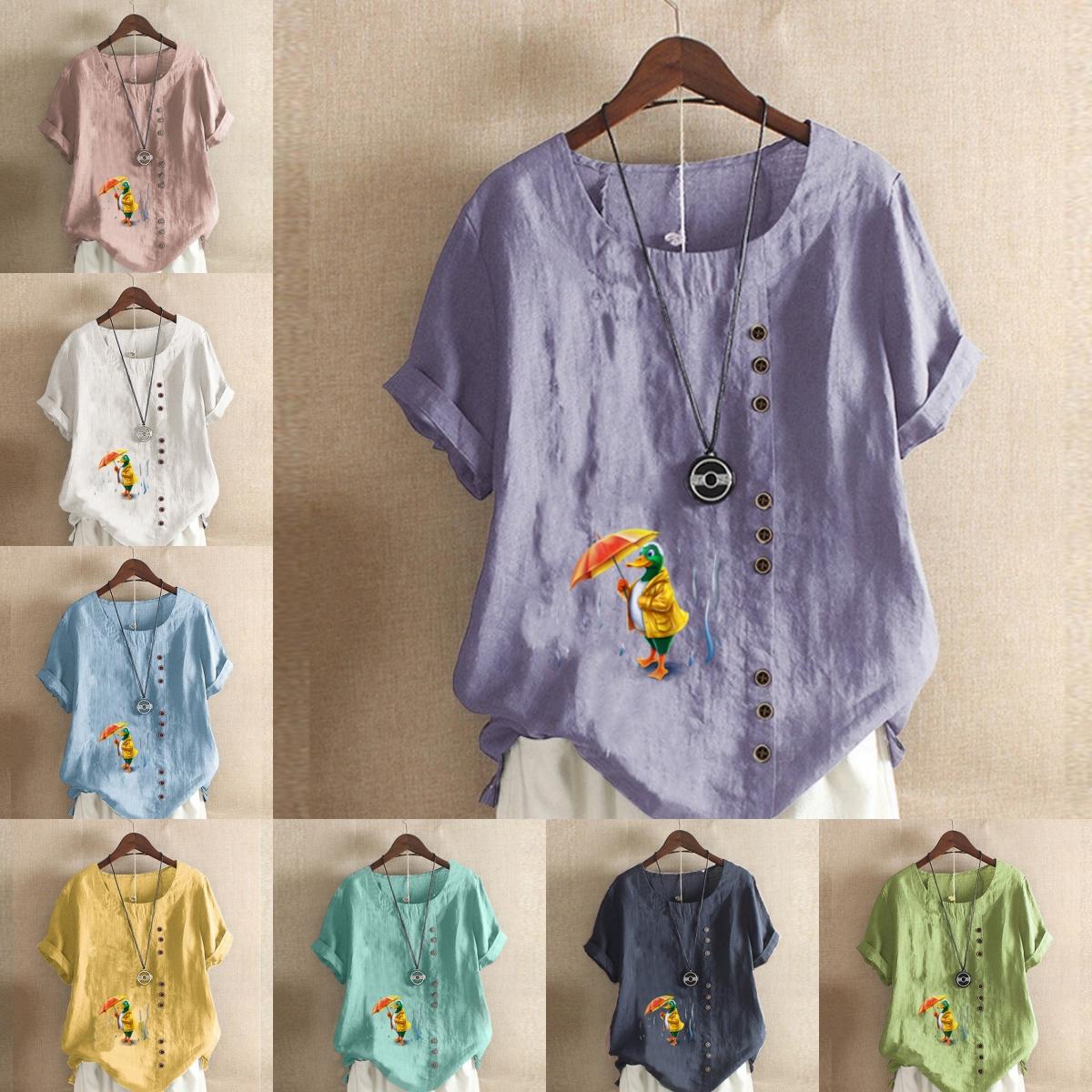 Женская модная футболка с круглым вырезом и коротким рукавом, повседневная рубашка из хлопка и льна с рисунком, свободная летняя блузка с принтом утки, топы 
Женская модная футболка с круглым вырезом и коротким рукавом, повседневная рубашка из хлопка и льна с рисунком, свободная летняя блузка с принтом утки, топы