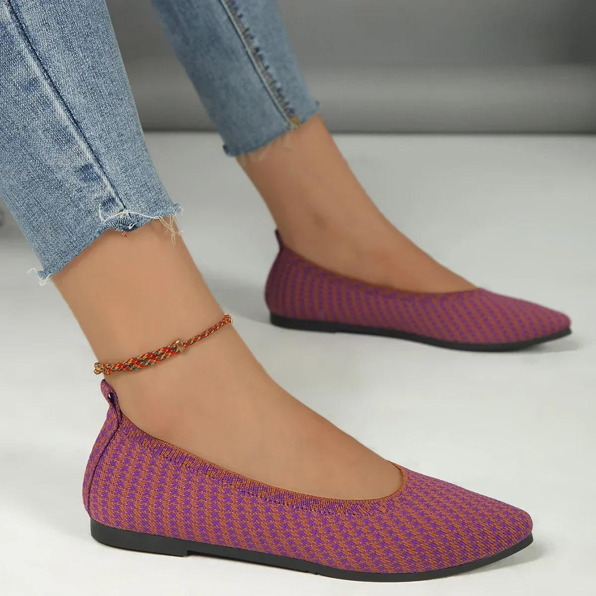 Женские блестящие туфли на плоской подошве с острым носком, большие размеры, женские, 33-48, синяя задняя часть, белые, 2024, новые поступления, дышащие слипоны 43 фиолетовый