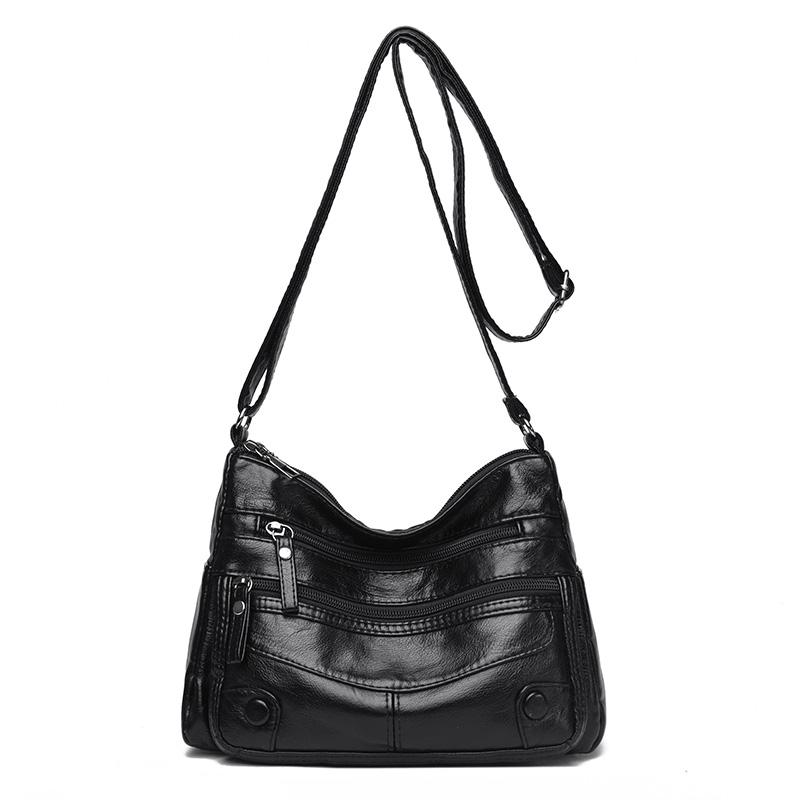 Женская сумка из мягкой кожи, многослойная сумка через плечо большой вместимости для среднего возраста, сумка через плечо для мобильного телефона, материнская сумка чёрный