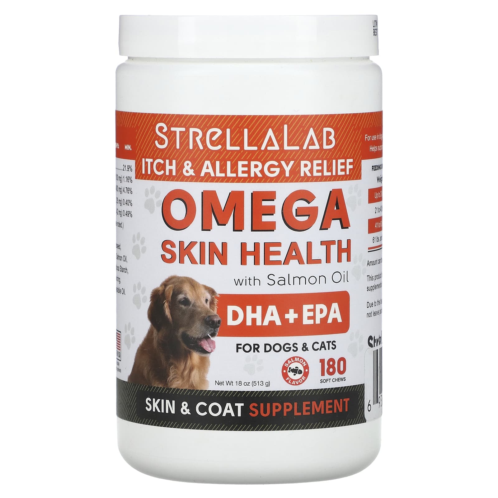 StrellaLab, Omega Skin Health, с лососевым маслом, для собак и кошек, лосось, 180 мягких жевательных таблеток, 513 г (18 унций)
StrellaLab, Omega Skin Health, с лососевым маслом, для собак и кошек, лосось, 180 мягких жевательных таблеток, 513 г (18 унций)