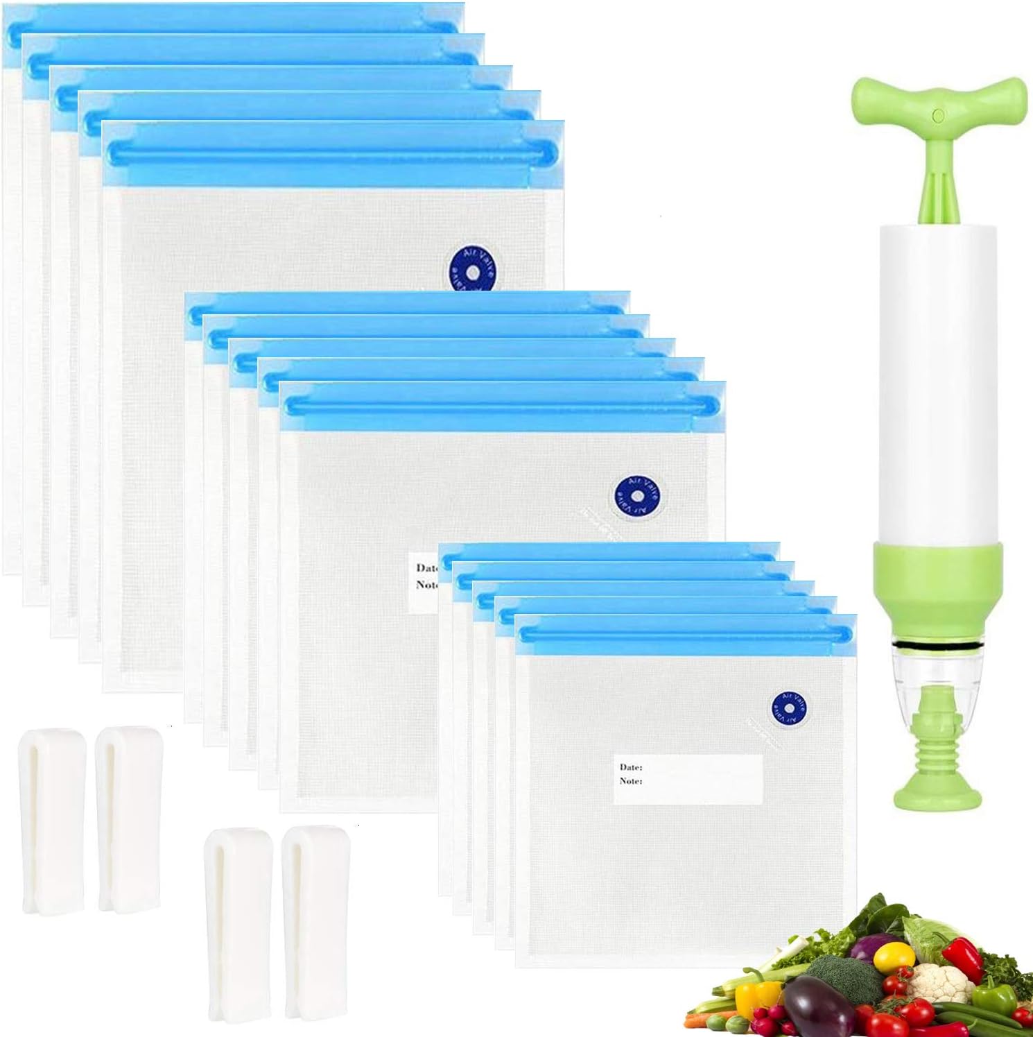 Bags 3 Sizes - 20 Pack with Hand Pump, Sealing Clips for Sous Cooking and Food Storage (Blue Kit) United States
Bags 3 Sizes - 20 Pack with Hand Pump, Sealing Clips for Sous Cooking and Food Storage (Blue Kit) United States