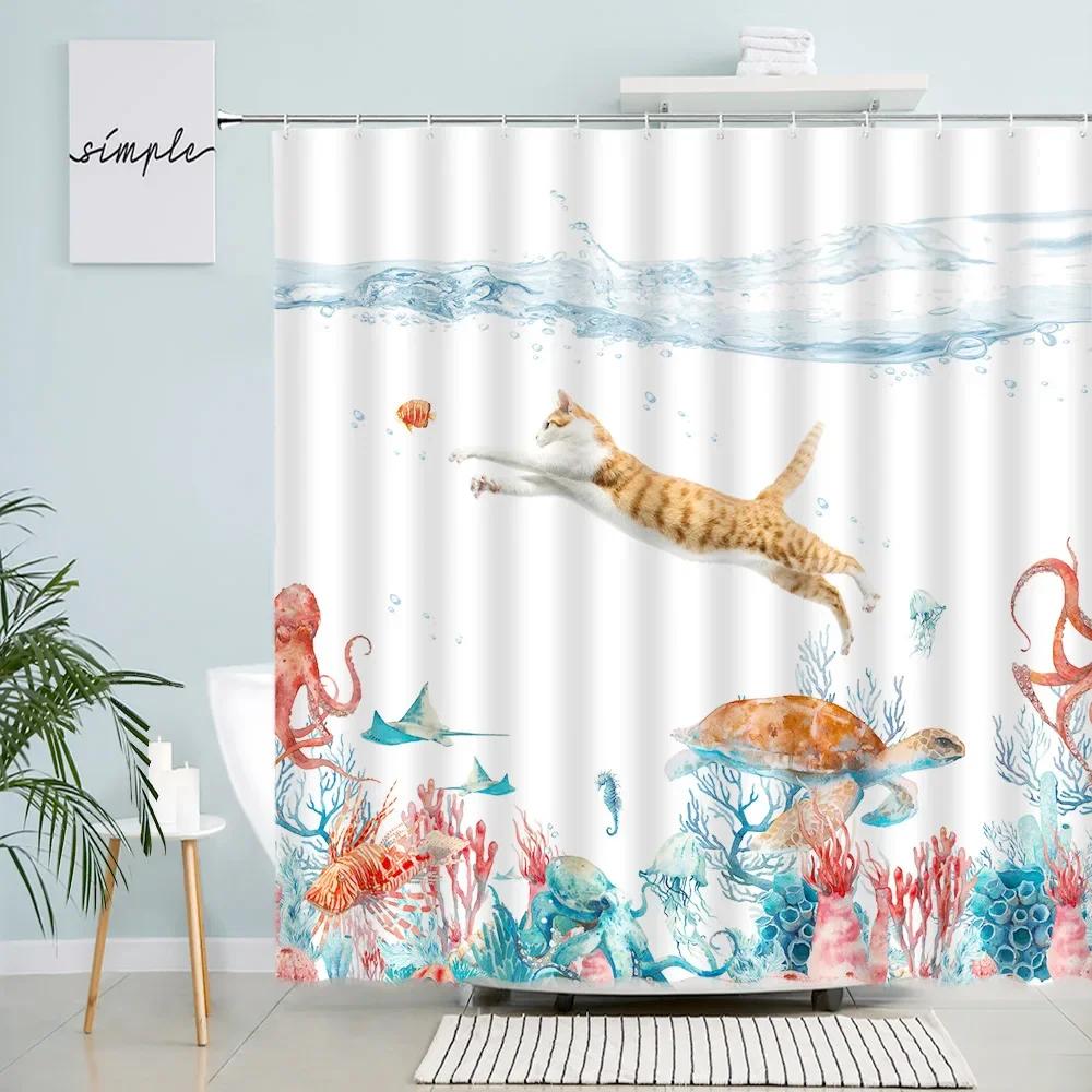 Nordic Cartoon Shower Curtains Underwater Fish Coral Sea Turtle Swimming Cat Creative Children Bathroom Decor Bath Curtain Hooks 90x180cm-35x70in
Nordic Cartoon Shower Curtains Underwater Fish Coral Sea Turtle Swimming Cat Creative Children Bathroom Decor Bath Curtain Hooks 90x180cm-35x70in