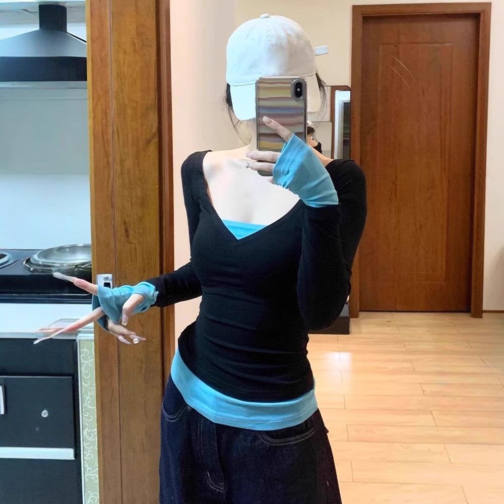 Chic Waist-Hugging V-Neck Two-Piece Effect Long Sleeve T-Shirt for Women - Slim Fit, Spicy American Style Spring Top M
Chic Waist-Hugging V-Neck Two-Piece Effect Long Sleeve T-Shirt for Women - Slim Fit, Spicy American Style Spring Top M