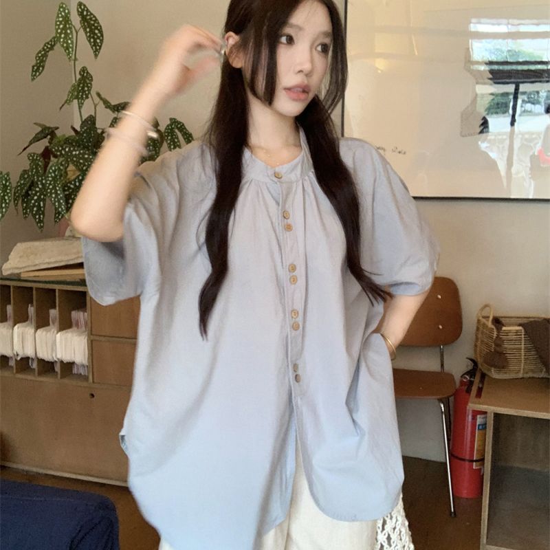 Crew Neck Pleated Woman Shirt Japanese Version Loose Single Breasted Solid color Shirts Summer Fashion Chic Lady Short Sleeved Top S синий
Crew Neck Pleated Woman Shirt Japanese Version Loose Single Breasted Solid color Shirts Summer Fashion Chic Lady Short Sleeved Top S синий