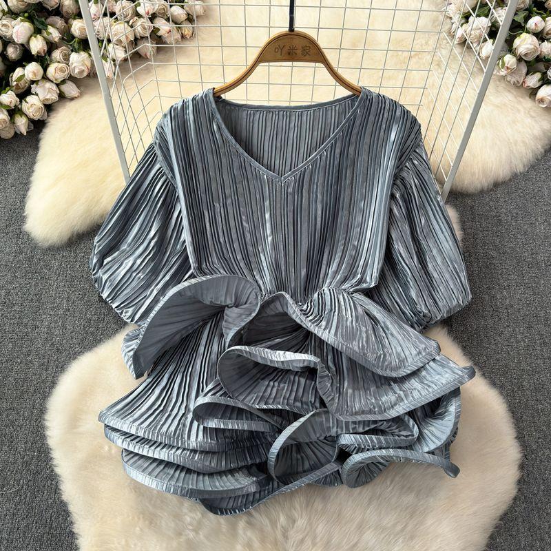 2024 Spring & Fall Fashion Lantern Long Sleeve V Neck Loose Belly-Covering Waist Ruffle Hem Pullover Shirt Female Western Style Top Grey All yards
2024 Spring & Fall Fashion Lantern Long Sleeve V Neck Loose Belly-Covering Waist Ruffle Hem Pullover Shirt Female Western Style Top Grey All yards