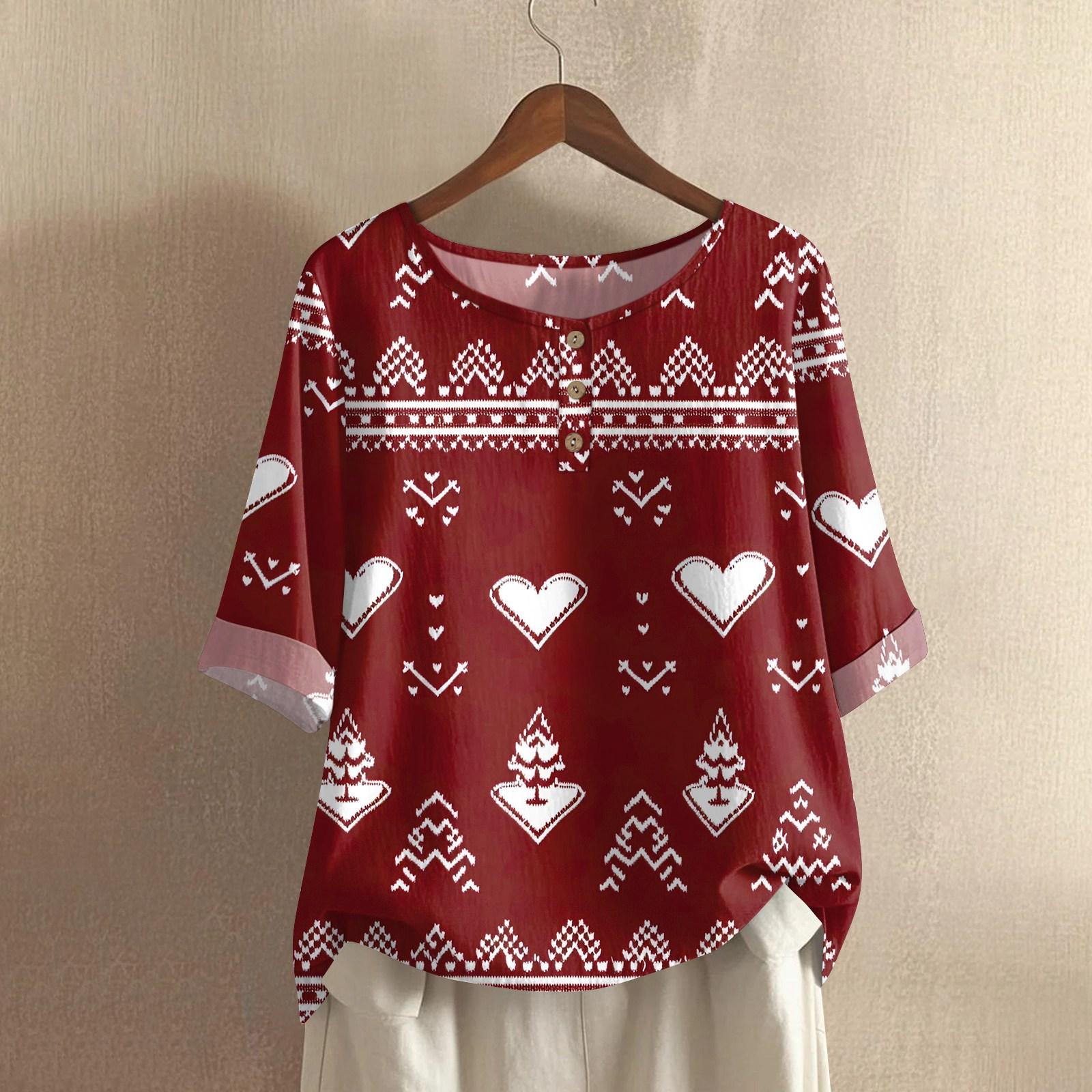 Women s Fashionable And Casual Shirt Half-sleeve Round Neck Christmas Print Cotton And Linen Blouse Top XL винний
Women s Fashionable And Casual Shirt Half-sleeve Round Neck Christmas Print Cotton And Linen Blouse Top XL винний