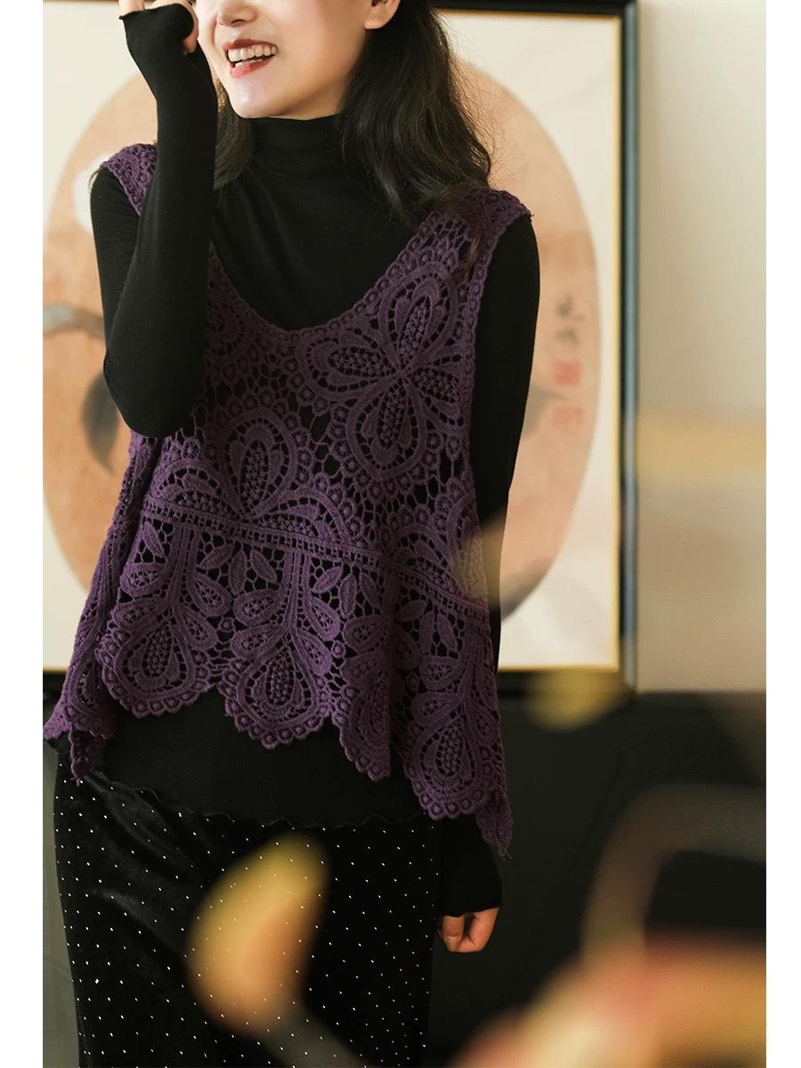 Z2005 Весенняя и осенняя серия Темпераментная кружевная вышивка, жилет в иностранном стиле, свободный и тонкий жилет из хлопчатобумажной нити One size фиолетовый