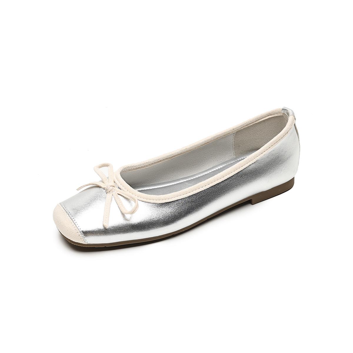 Французские одинарные туфли женские летние балетки на плоской подошве с бантом на мягкой подошве туфли бабушки 43 серебряный