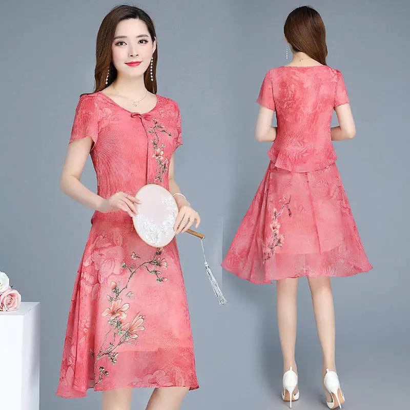 Женское летнее элегантное шифоновое платье с круглым вырезом, большого размера, с принтом, приталенное, длиной до колена. M