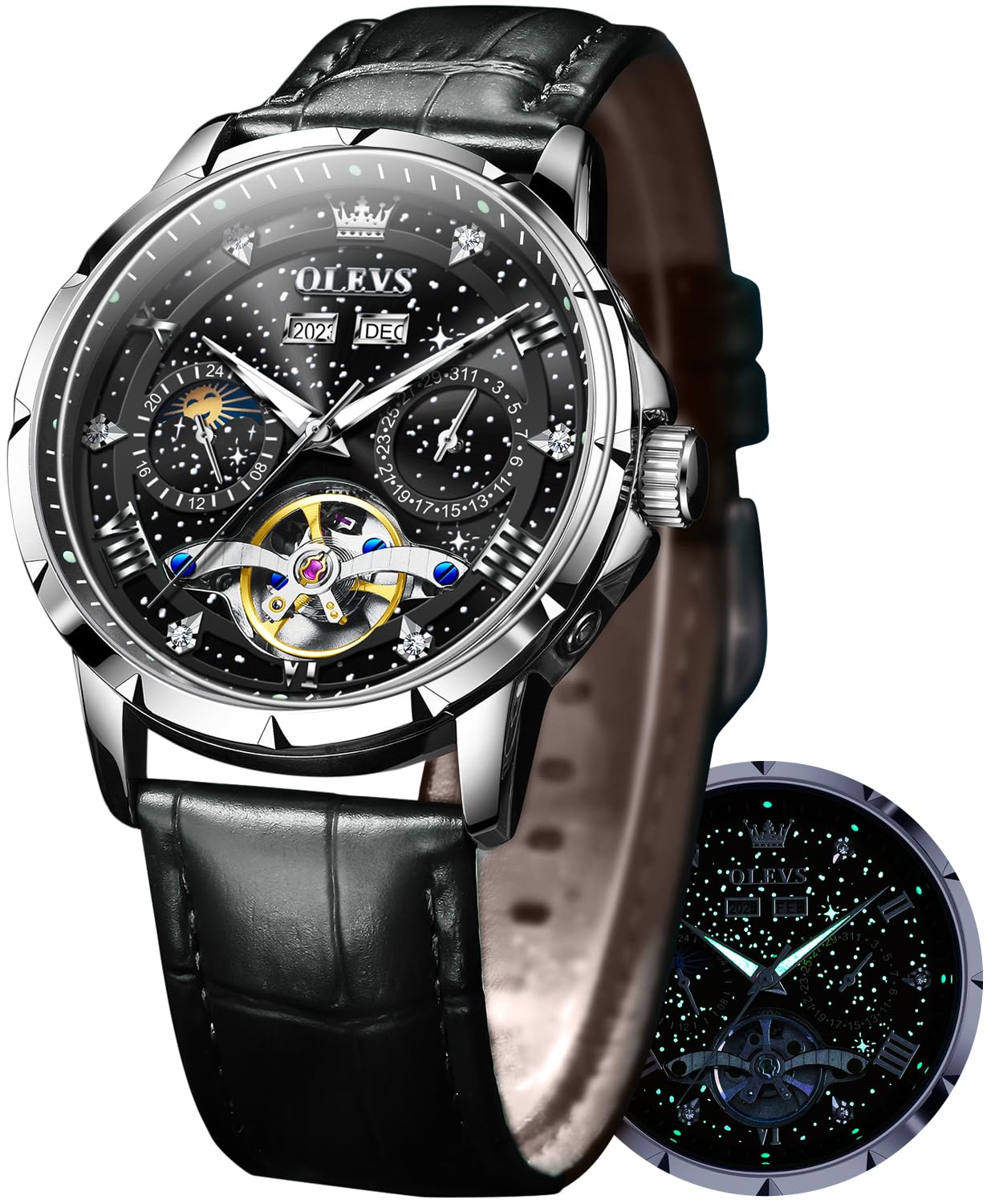 OLEVS Автоматические механические часы с кожаным ремешком «Звездное небо», бриллиантовым скелетоном, популярные, кожаные, с датой, люминесцентные, мужской дизайн, ремешок, циферблат, дизайн,
OLEVS Автоматические механические часы с кожаным ремешком «Звездное небо», бриллиантовым скелетоном, популярные, кожаные, с датой, люминесцентные, мужской дизайн, ремешок, циферблат, дизайн,