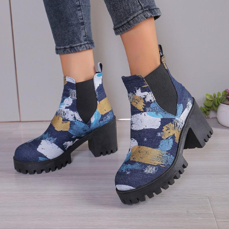 Мода 2024 Мода Женская обувь Слипоны Женские ботинки Горячая распродажа Сочетание цветов Современные ботинки Женские Новые Круглый носок Большой размер Каблуки Женские 43 синий