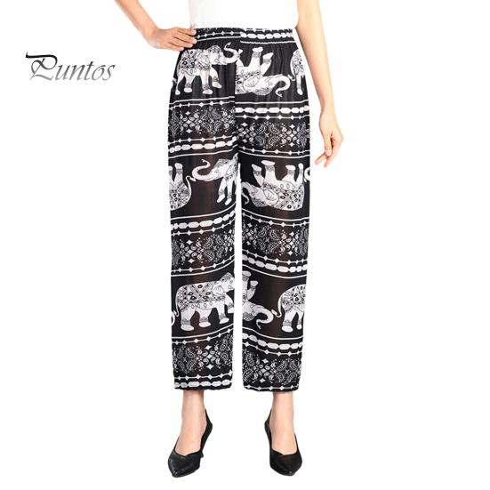 Женские брюки с принтом слона, удобные широкие брюки с эластичной талией, брюки-палаццо для летнего пляжного отдыха черный белый