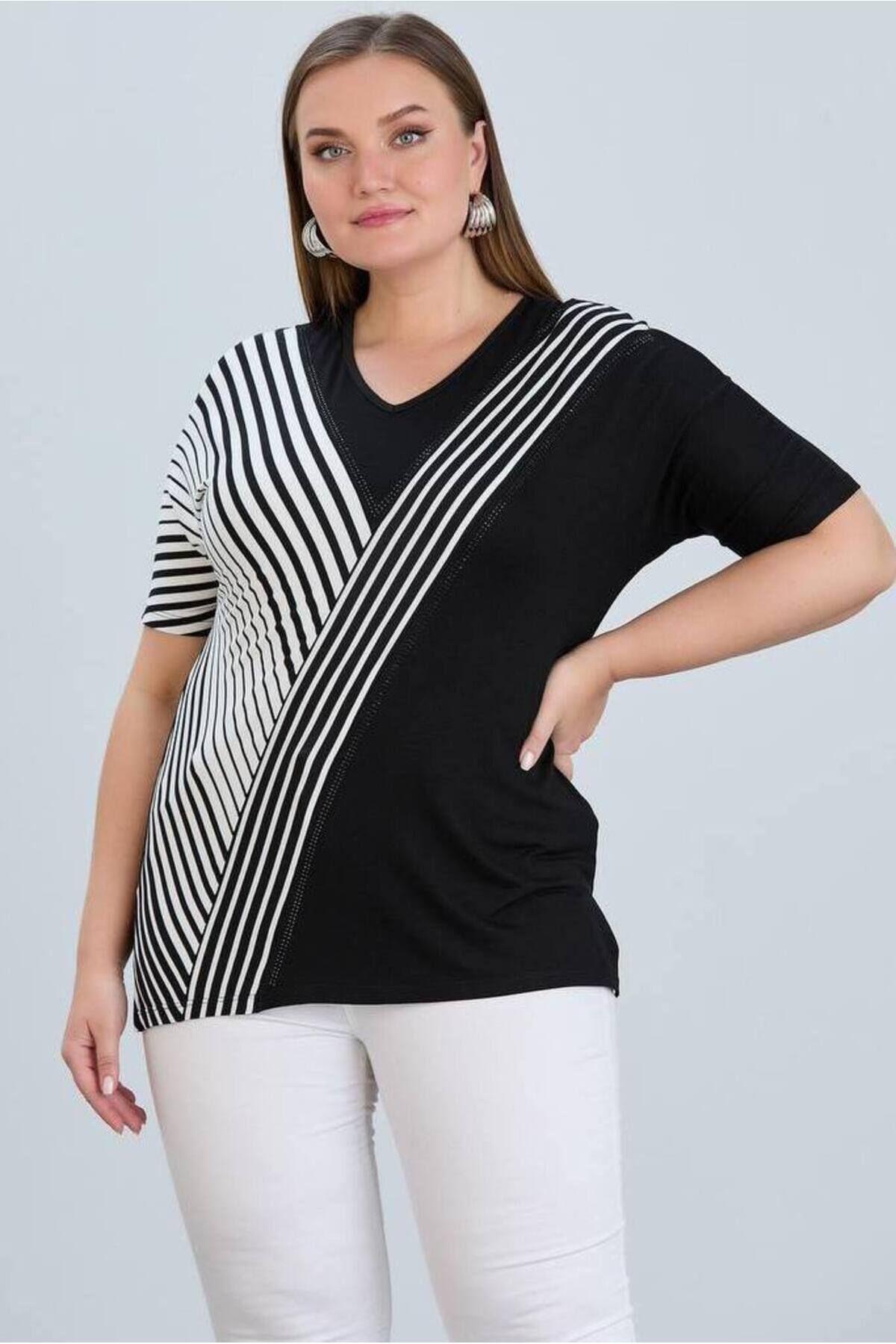 Women s Big Size Blouse Oblique Striped Stone Detail V-Neck Short Sleeve Flexible Viscose Blouse
Women s Big Size Blouse Oblique Striped Stone Detail V-Neck Short Sleeve Flexible Viscose Blouse