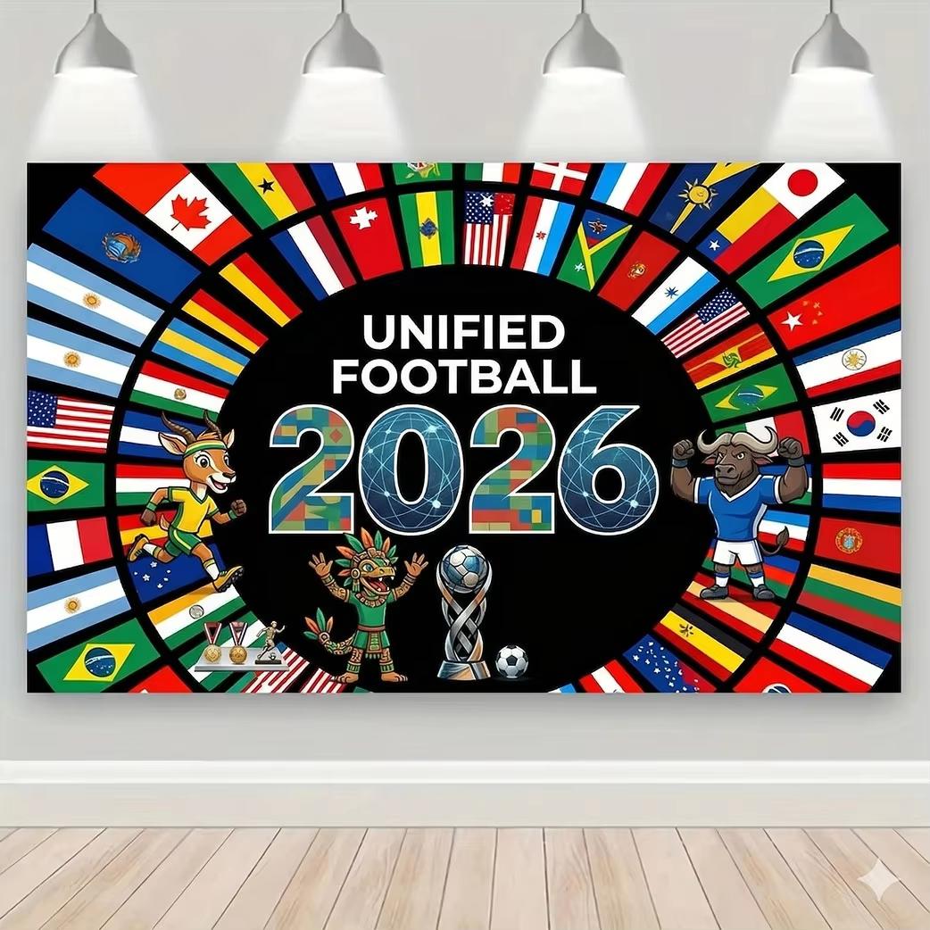 International Soccer Tournament 2026 Backdrop Tapestry Flat Print National Flags Cartoon Mascots Wall Decor for Party Room 40X60CM
International Soccer Tournament 2026 Backdrop Tapestry Flat Print National Flags Cartoon Mascots Wall Decor for Party Room 40X60CM