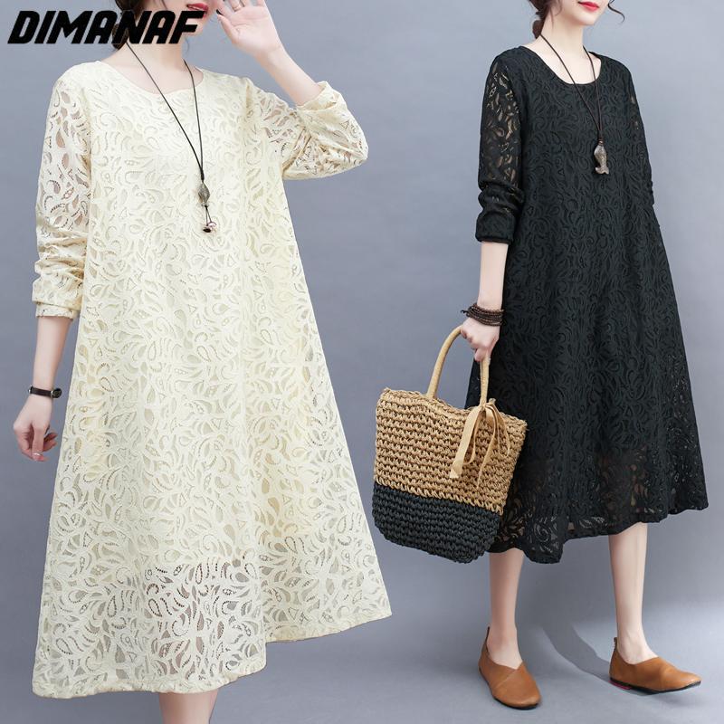 DIMANAF Плюс Размер Женское 2023 Новое летнее кружевное платье Длинное платье Свободные сексуальные модные базовые платья с цветочным принтом белого цвета