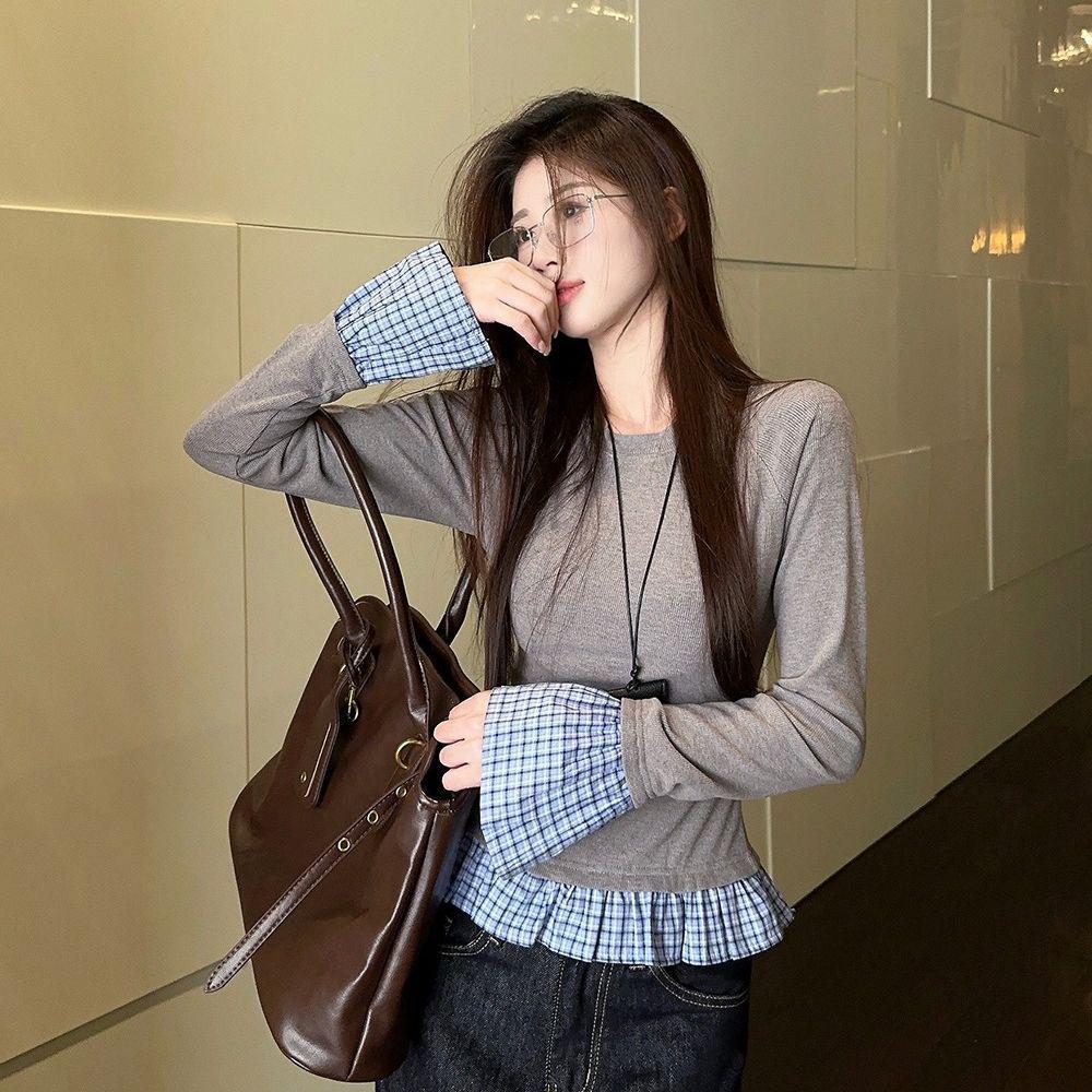 Korean Style Retro Two-Piece Plaid Patchwork Women s T-shirt for Autumn/Winter Extra Large сірий колір
Korean Style Retro Two-Piece Plaid Patchwork Women s T-shirt for Autumn/Winter Extra Large сірий колір
