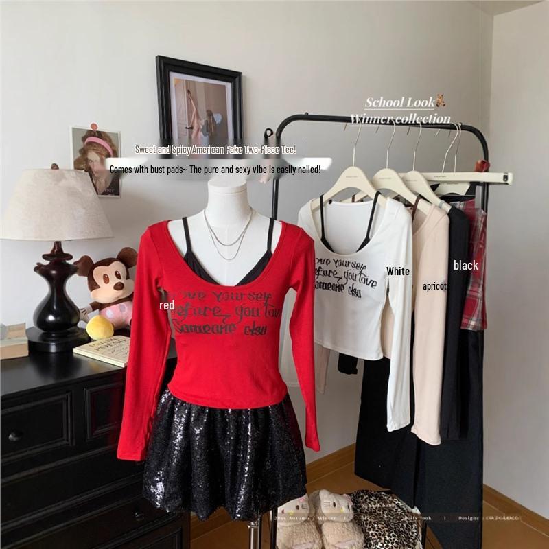 Sweet & Spicy Layered T-Shirt: Women s Autumn 2024 Long Sleeve, Letter Print, Slim-Fit, Two-Piece Look One Size
Sweet & Spicy Layered T-Shirt: Women s Autumn 2024 Long Sleeve, Letter Print, Slim-Fit, Two-Piece Look One Size
