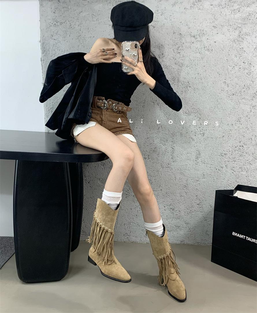 ~ Coarse heel French retro fringed western cowboy boots women s boots 2025 new mid-tube knight boots 39 хаки
~ Coarse heel French retro fringed western cowboy boots women s boots 2025 new mid-tube knight boots 39 хаки