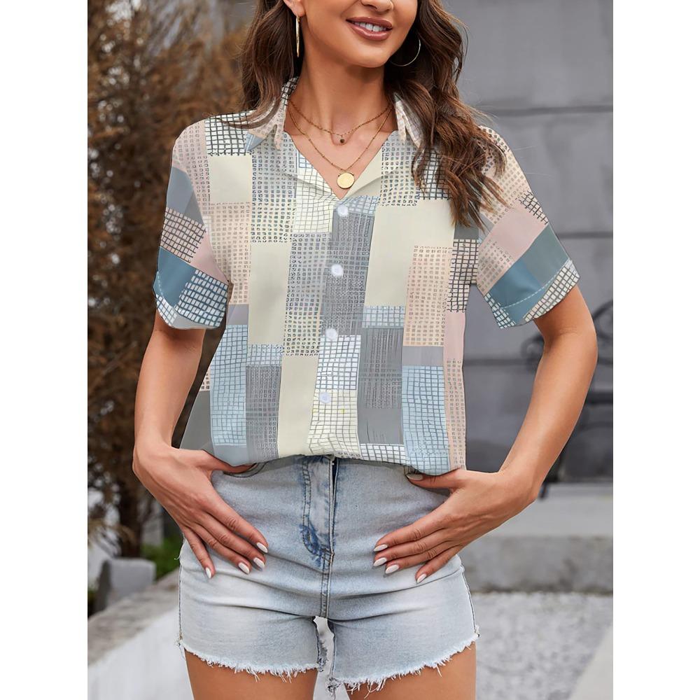 Women S Casual Short-Sleeve Shirt with a Patchwork Checkered Background S
Women S Casual Short-Sleeve Shirt with a Patchwork Checkered Background S