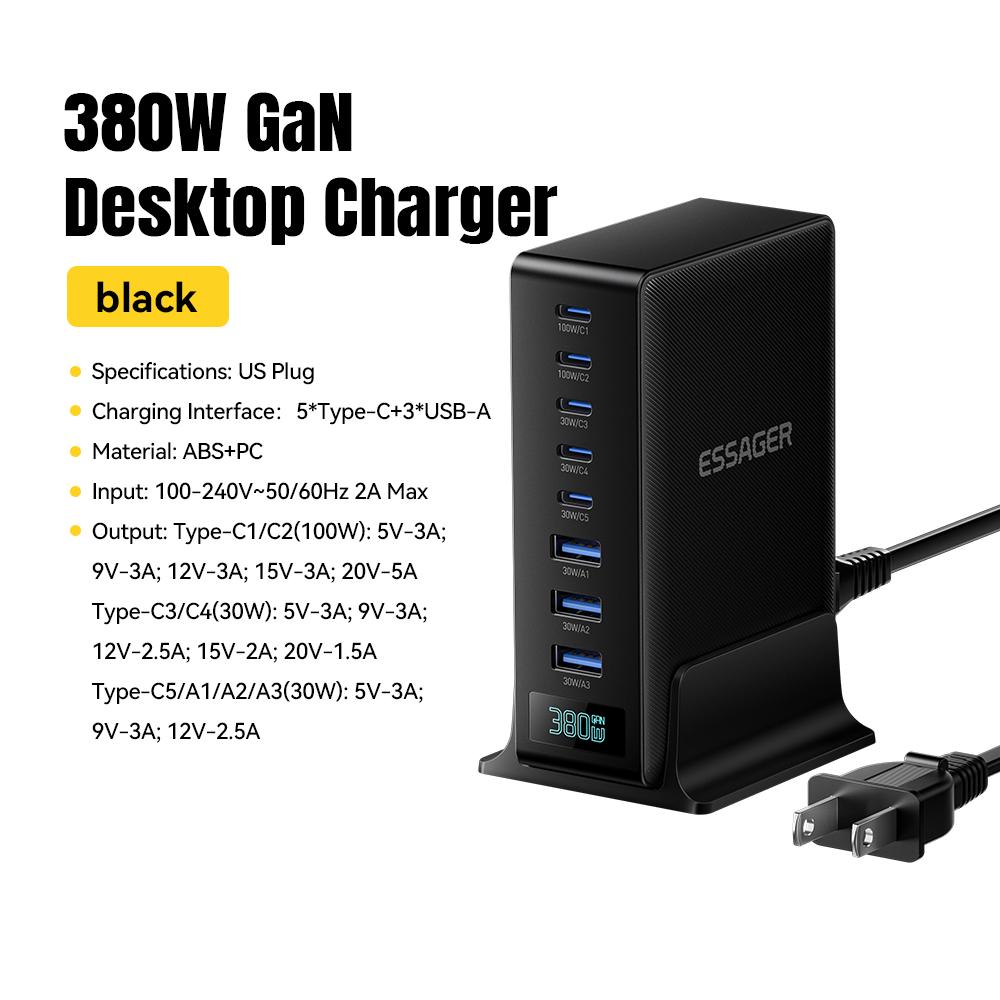 Essager 380W GaN Desktop Charger - 8-in-1 Fast Charging Station (5 Type-C + 3 USB-A) for MacBook, Laptop, iPhone 17 & Tablets чёрный
Essager 380W GaN Desktop Charger - 8-in-1 Fast Charging Station (5 Type-C + 3 USB-A) for MacBook, Laptop, iPhone 17 & Tablets чёрный
