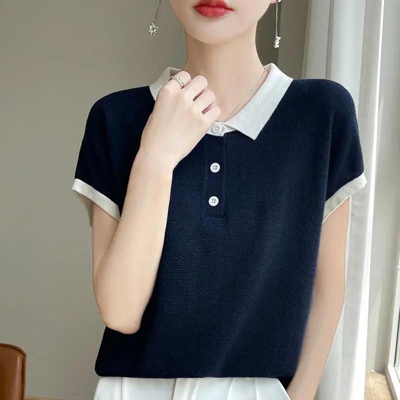 Retro Women s T-shirt Summer Reduction Lady T-shirt Temperament Korean Version POLO Collar Ladies Knitted Tops XXXL темно-синього кольору
Retro Women s T-shirt Summer Reduction Lady T-shirt Temperament Korean Version POLO Collar Ladies Knitted Tops XXXL темно-синього кольору