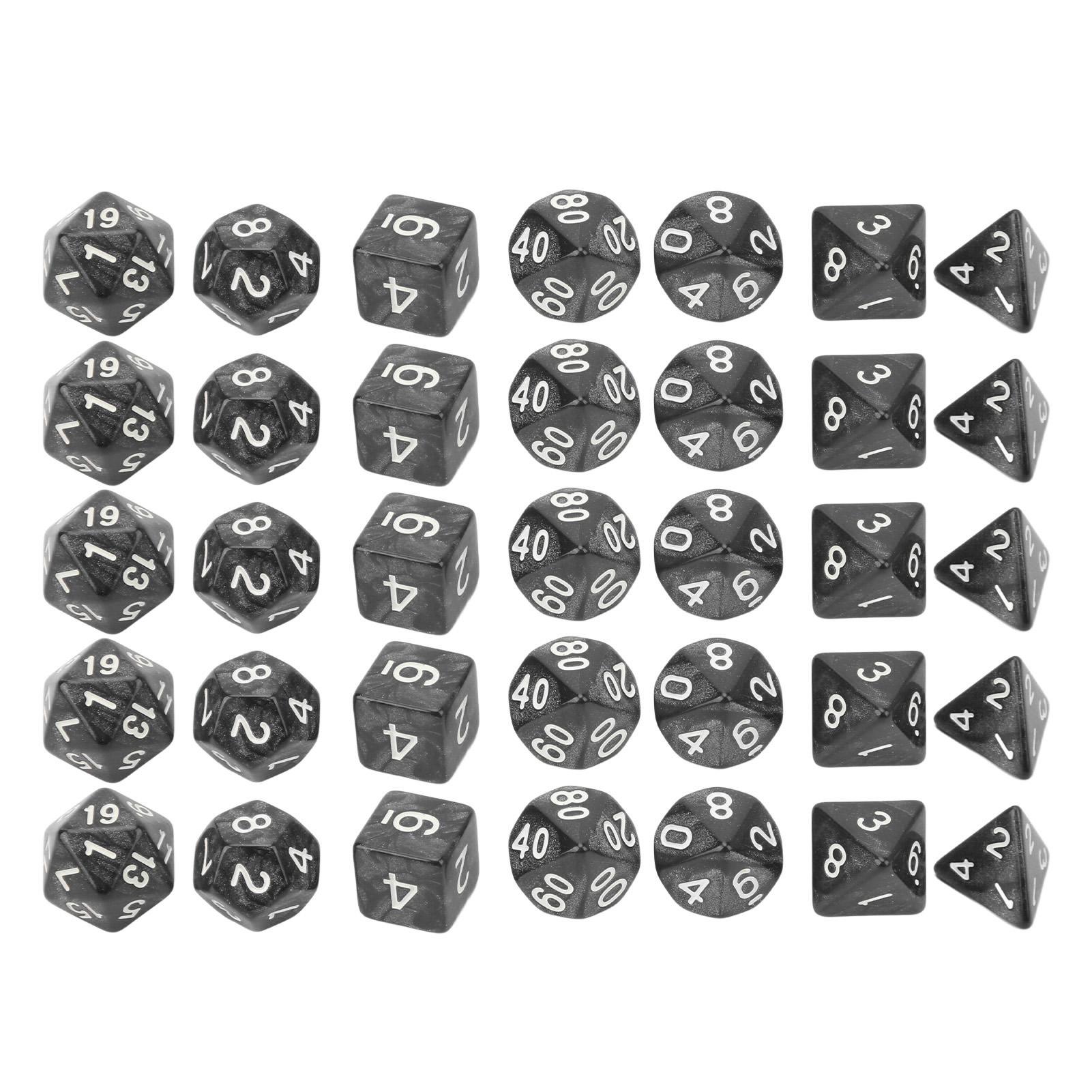 35Pcs Plastic Dice Kit Pearl Pattern White Numbers Polyhedral Dices for Game Desktop Education чорний
35Pcs Plastic Dice Kit Pearl Pattern White Numbers Polyhedral Dices for Game Desktop Education чорний