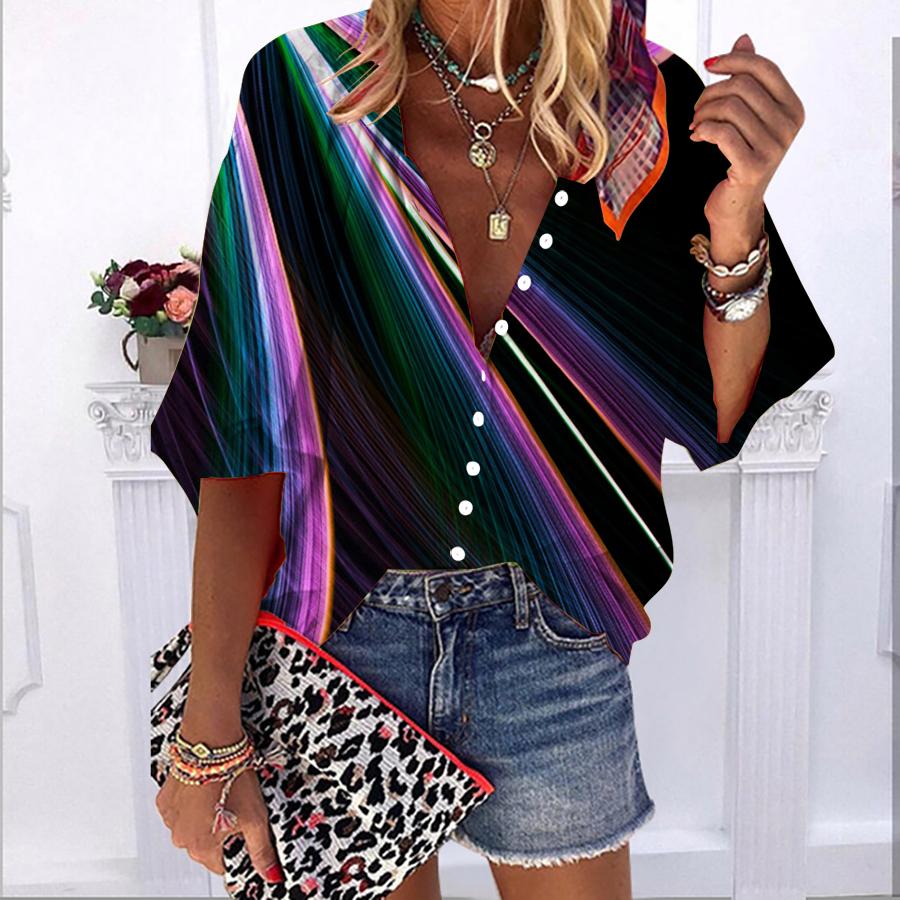 2023 Summer Autumn New Fashion Women s Tops Purple Rainbow Line Printed Half Sleeve Casual Plus Size Button-down Shirt with Bubble Sleeves
2023 Summer Autumn New Fashion Women s Tops Purple Rainbow Line Printed Half Sleeve Casual Plus Size Button-down Shirt with Bubble Sleeves