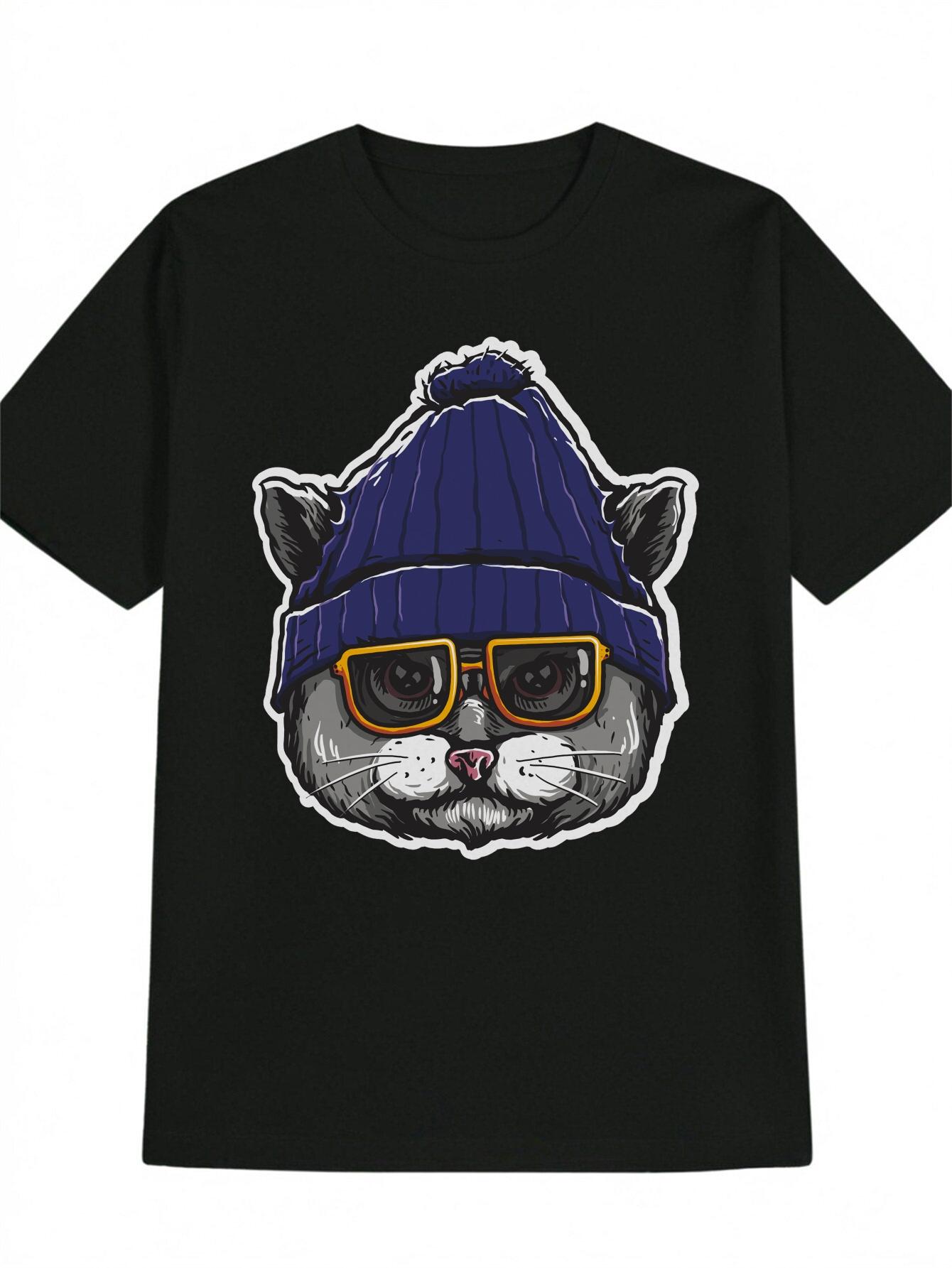 Casual Graphic T-shirt with Cat & Knit Hat Print - Black Round Neck Summer Tee S
Casual Graphic T-shirt with Cat & Knit Hat Print - Black Round Neck Summer Tee S