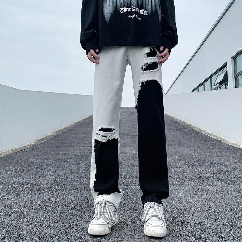 Мужские джинсы слим-фит черные и белые в стиле пэчворк с рваными элементами - Американская атмосфера, прямой крой для весны/осени L