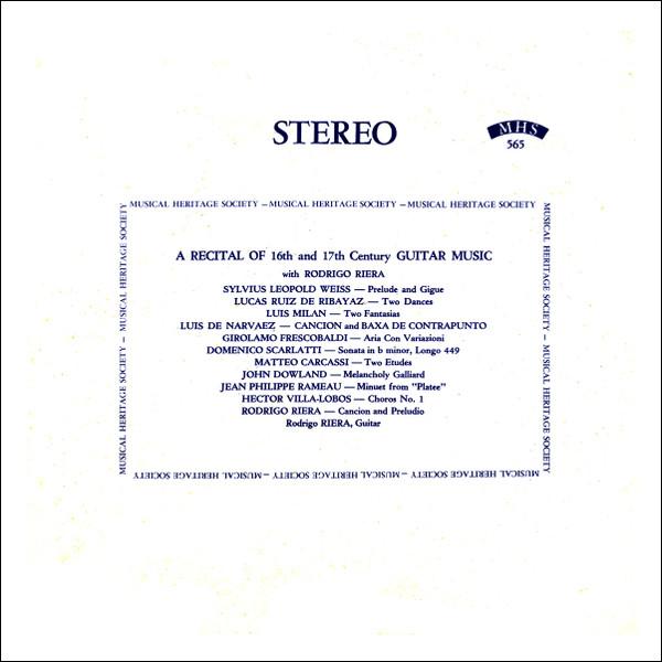 LP Record RODRIGO RIERA Recital Of 16th And 17th Century Gu MHS565 MUSICAL HERITA 1964 US Classical Used
LP Record RODRIGO RIERA Recital Of 16th And 17th Century Gu MHS565 MUSICAL HERITA 1964 US Classical Used