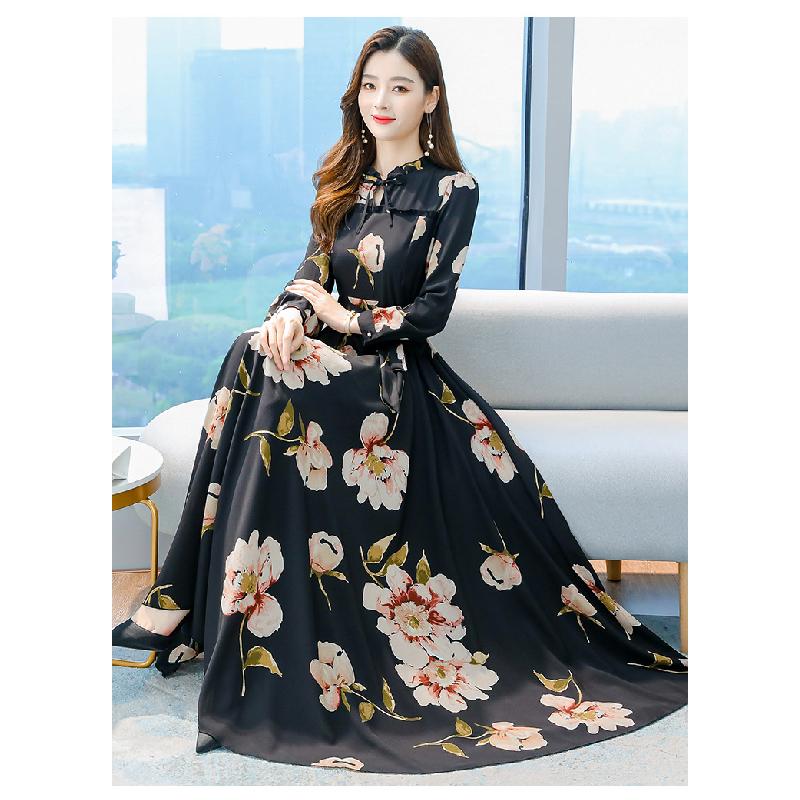 Long-sleeved chiffon dress for mothers, new Korean-style floral print midi dress M чёрный
Long-sleeved chiffon dress for mothers, new Korean-style floral print midi dress M чёрный