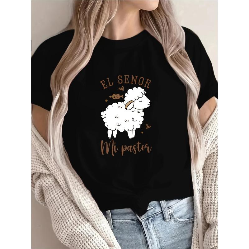 European Size Women S Casual Short Sleeve T-Shirt with Cute Sheep & El Senor Mi Pastor Print - Black, Round Neck, Lightweight Polyester 4XL чорний
European Size Women S Casual Short Sleeve T-Shirt with Cute Sheep & El Senor Mi Pastor Print - Black, Round Neck, Lightweight Polyester 4XL чорний