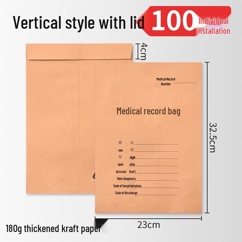 Thickened Kraft Paper Medical Record Bags with Flap, Vertical, Single-Sided, 180g, Pack of 100.
Thickened Kraft Paper Medical Record Bags with Flap, Vertical, Single-Sided, 180g, Pack of 100.