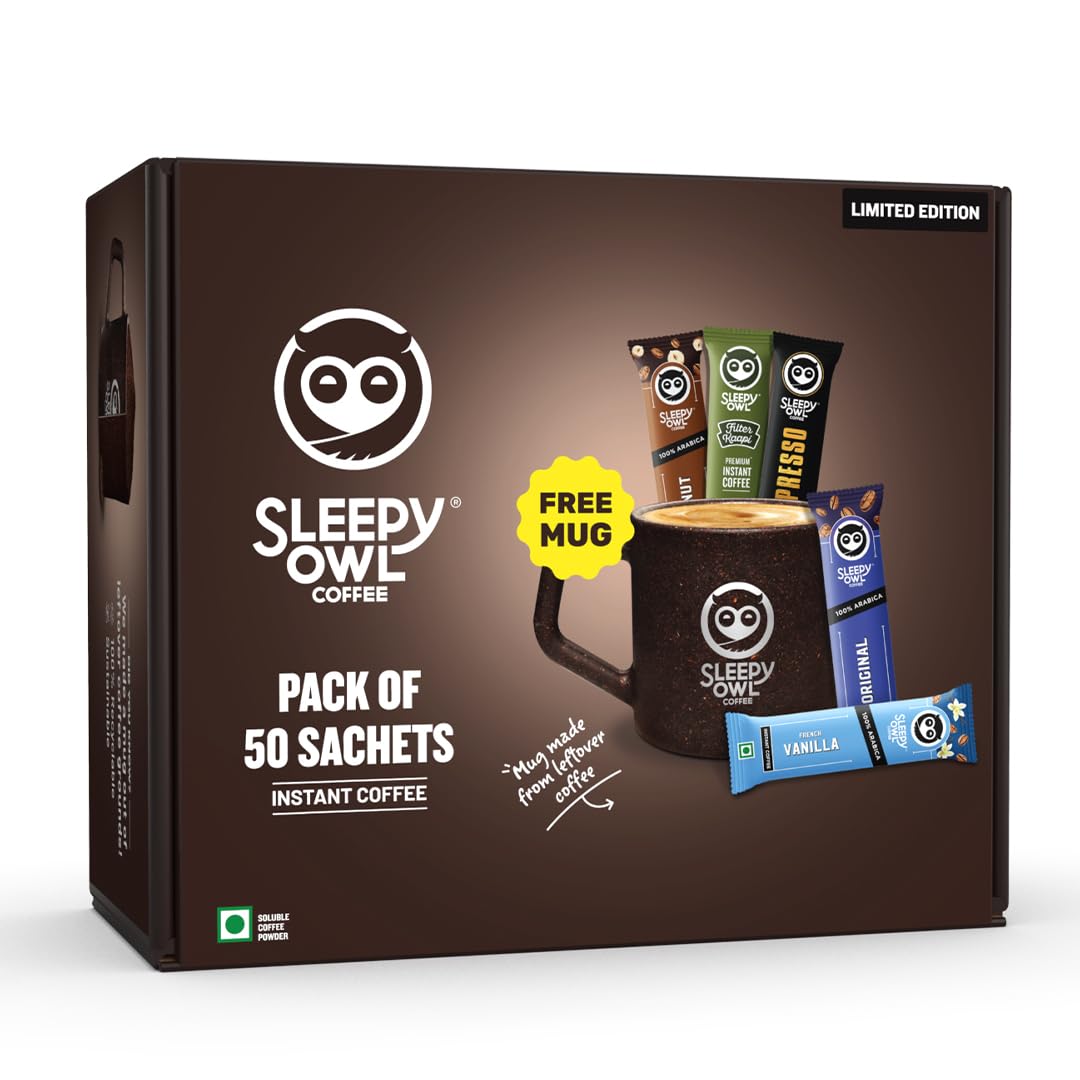 Sleepy Owl Instant Coffee Gift Pack | 50 Coffee Sachets + Free Mug | Assorted Flavours: Original, French Vanilla, Hazelnut, Xpresso & Filter Kaap
Sleepy Owl Instant Coffee Gift Pack | 50 Coffee Sachets + Free Mug | Assorted Flavours: Original, French Vanilla, Hazelnut, Xpresso & Filter Kaap