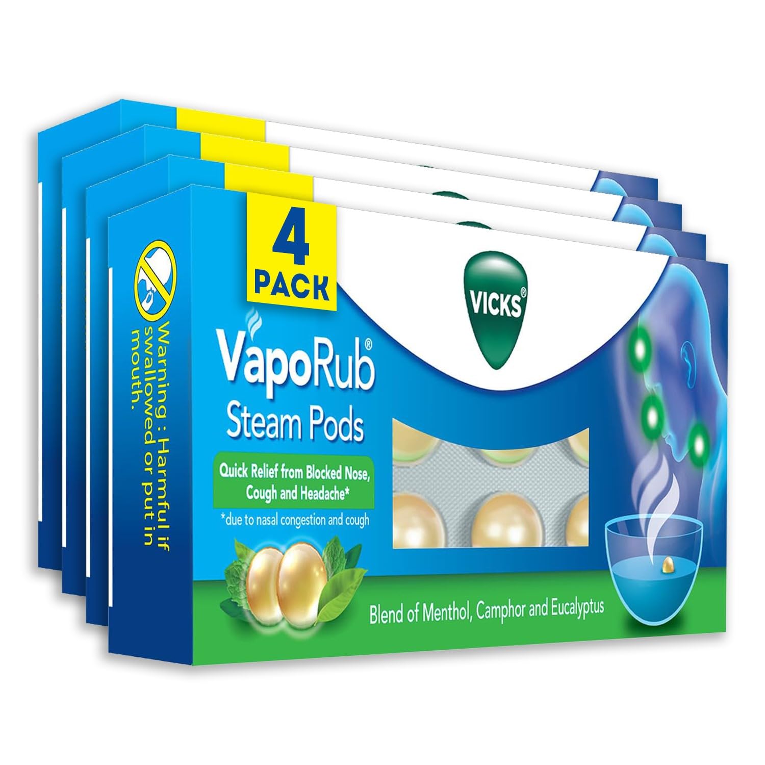 Vicks VapoRub SteamPods 10 Capsules X Pack Of 4 For Steam Inhalation Quick Relief Blocked Nose Sinus Cough Headache
Vicks VapoRub SteamPods 10 Capsules X Pack Of 4 For Steam Inhalation Quick Relief Blocked Nose Sinus Cough Headache