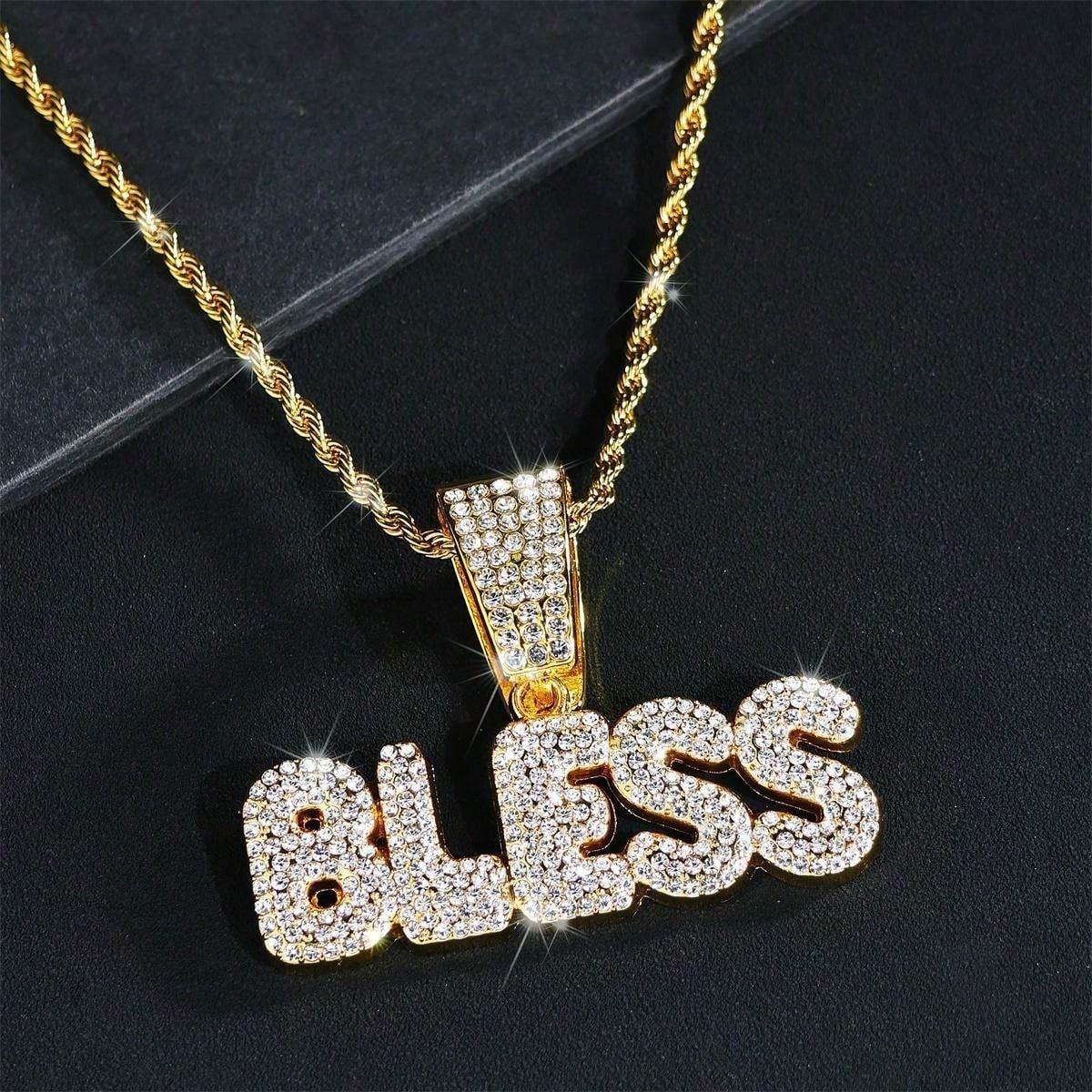 Fashion HipHop Religion Letter Bless Pendant Necklace For Men Cuban Chain Iced Out Bling Crystal CZ Necklaces Rock Biker Jewelry
Fashion HipHop Religion Letter Bless Pendant Necklace For Men Cuban Chain Iced Out Bling Crystal CZ Necklaces Rock Biker Jewelry