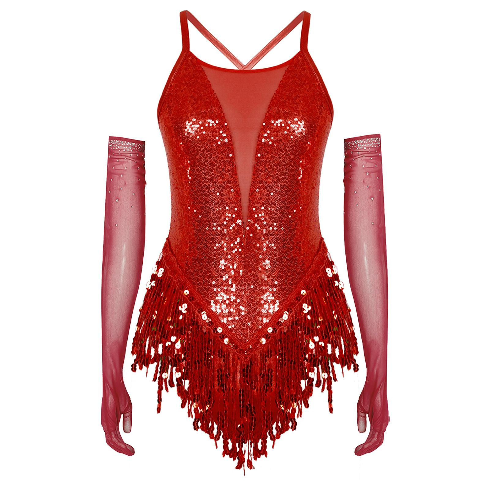 Womens Latin Tango Rumba Cha Cha Costume Cross Back Sparkling Sequins Fringed Leotard with Gloves червоний
Womens Latin Tango Rumba Cha Cha Costume Cross Back Sparkling Sequins Fringed Leotard with Gloves червоний