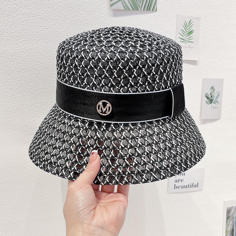 Корейская высококачественная полая дышащая солнцезащитная шляпа с плоским верхом, плетеная шляпа, темпераментная шляпа-ведро в британском стиле S 54-56cm чёрный