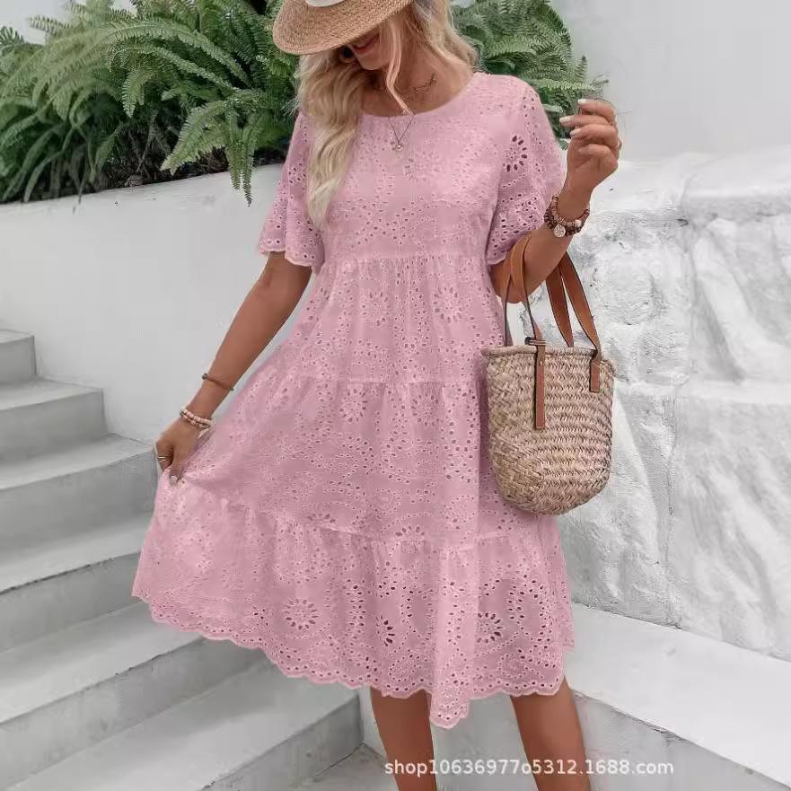 Women s Pink Lace Hollow Out Dress with Ruffled Hem, Short Sleeve Round Neck Summer Casual Dress S белый
Women s Pink Lace Hollow Out Dress with Ruffled Hem, Short Sleeve Round Neck Summer Casual Dress S белый