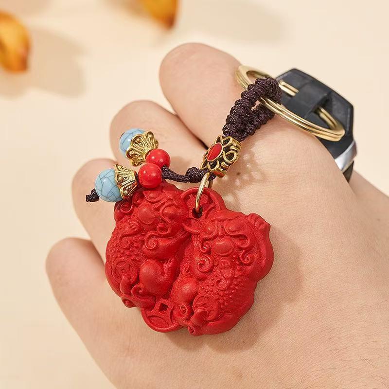 Cinnabar Double Pixiu Keychain & Pendant: Luck & Wealth Charm for Car or Phone.
Cinnabar Double Pixiu Keychain & Pendant: Luck & Wealth Charm for Car or Phone.