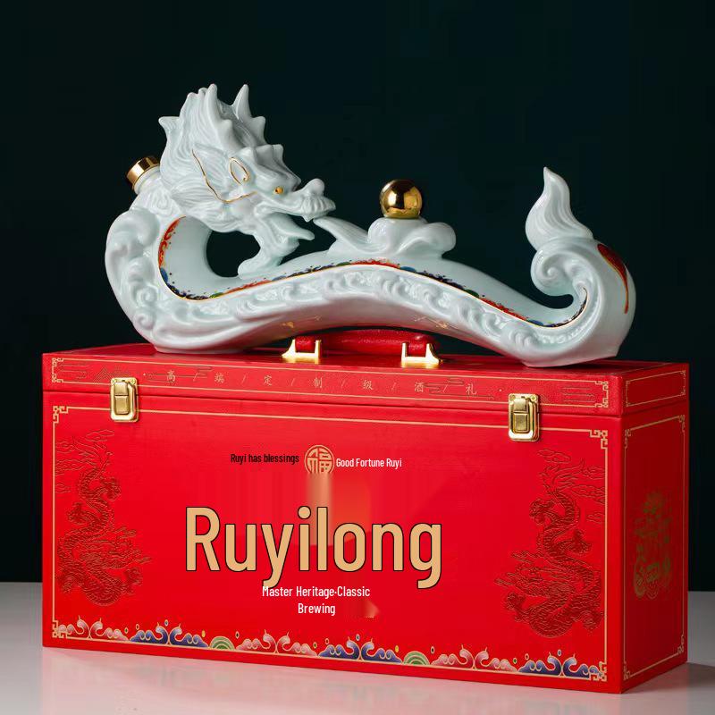 Ruyi Dragon Ceramic Wine Bottle Set: 3-Jin Baijiu Flask with Gift Box for Weddings and Home Decor.
Ruyi Dragon Ceramic Wine Bottle Set: 3-Jin Baijiu Flask with Gift Box for Weddings and Home Decor.