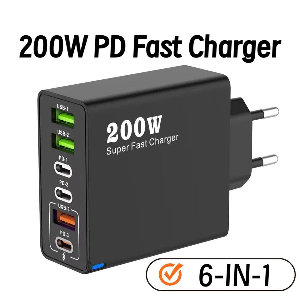 6 in 1 Total 200W USB Type C Mobile Phone Charger USB3.0 PD3.0 Super Fast Charging Power Adapter for iPhone Xiaomi Samsung eu plug
6 in 1 Total 200W USB Type C Mobile Phone Charger USB3.0 PD3.0 Super Fast Charging Power Adapter for iPhone Xiaomi Samsung eu plug
