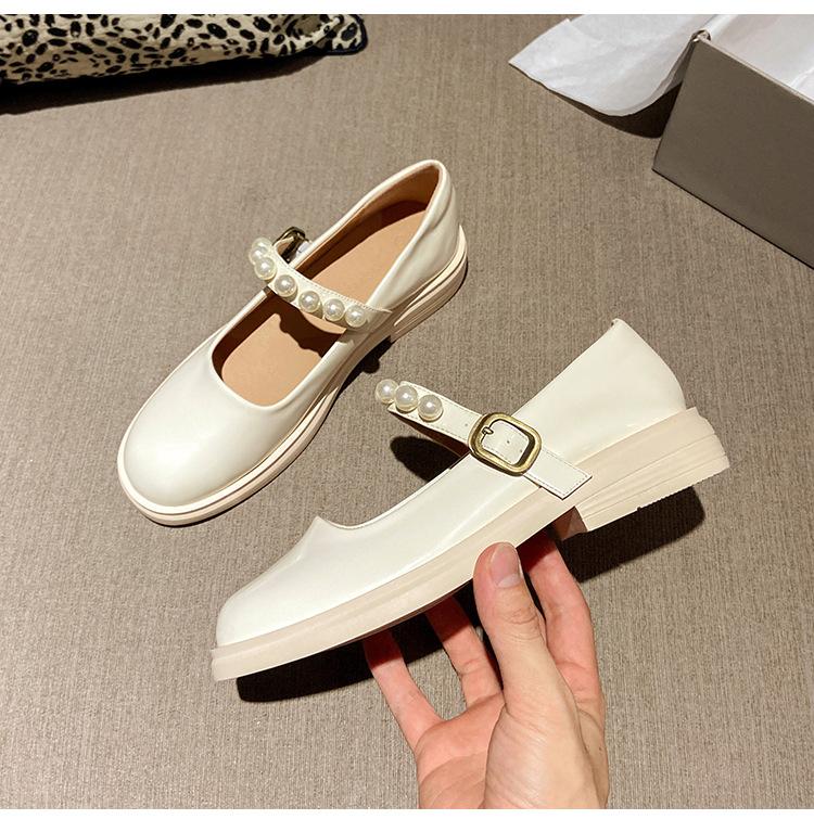 Мода 2025 Обувь Лолиты для девочек Косплей JK Униформа Обувь Женская Жемчуг Кожа Ремешок на ремне Балетки Лоферы Женская Мэри Джинс Балетки 4.5 абрикосовый