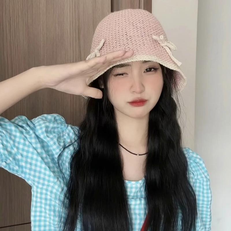 Сладкий бант хлопковая пряжа сетка дышащая панама женская летняя версия хорошо подчеркивает лицо маленькая панама весна и лето шляпа-ведро Adult (56-58cm) розовый