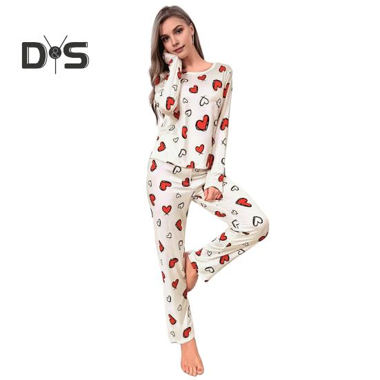 2 шт./комплект зимнее женское нижнее белье с принтом в виде сердца, круглый вырез, длинный рукав, высокая эластичность, осенне-весенняя пижама, комплект домашней одежды, одежда для сна L белый