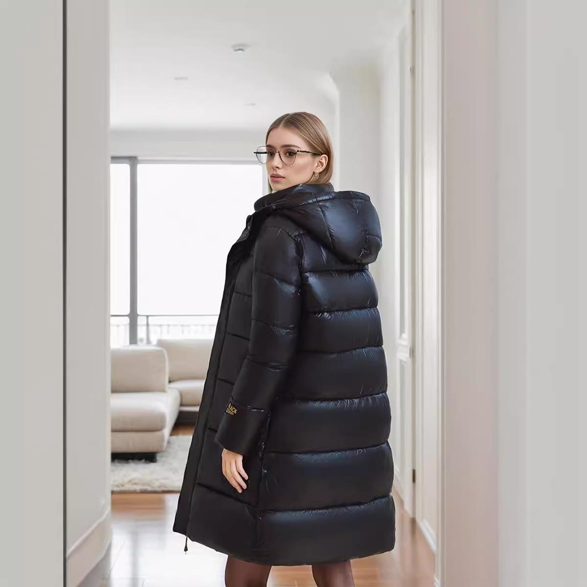 YJKDYK 2024 Новая зимняя женская длинная куртка, утепленная, с капюшоном, на молнии, хлопковая куртка, женская, однотонная, повседневная, стеганая куртка XXL чёрный