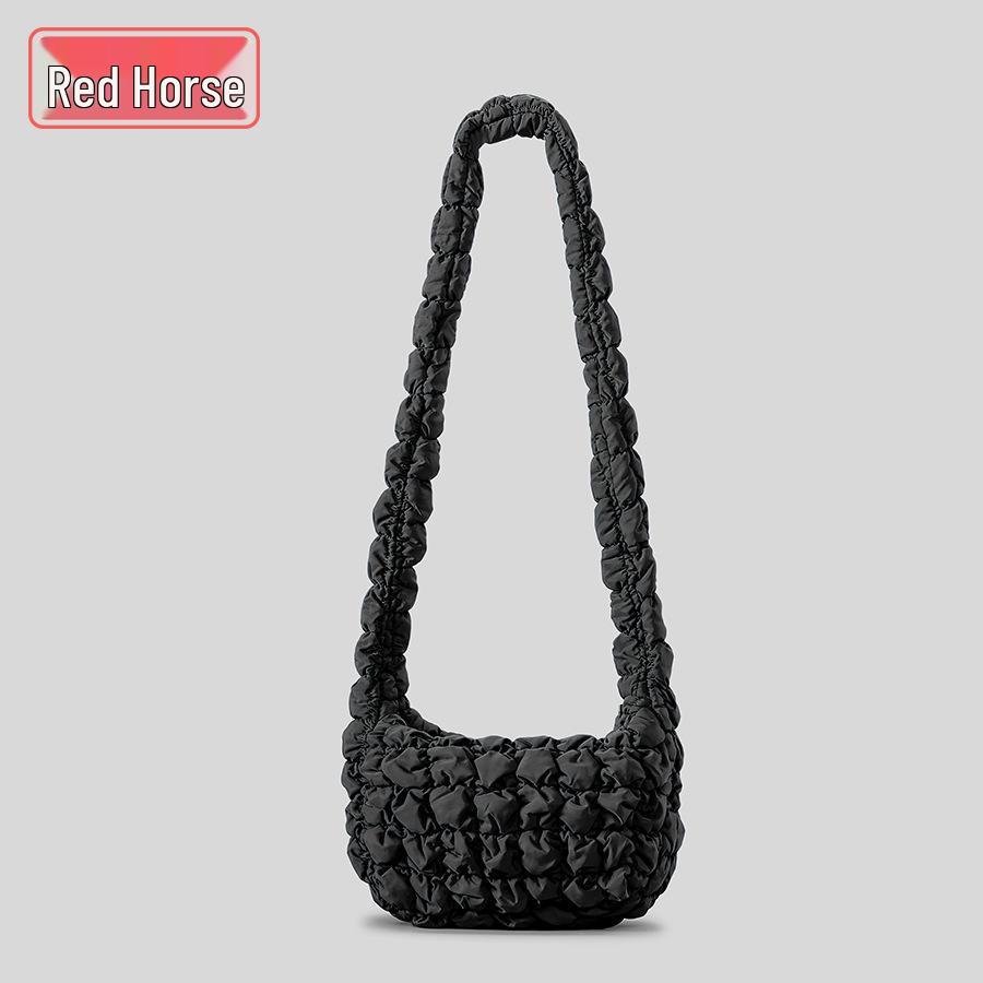 Женская легкая плиссированная сумка-облако - Клетчатая сумка-пельмень из хлопка с пухом на плечо чёрный